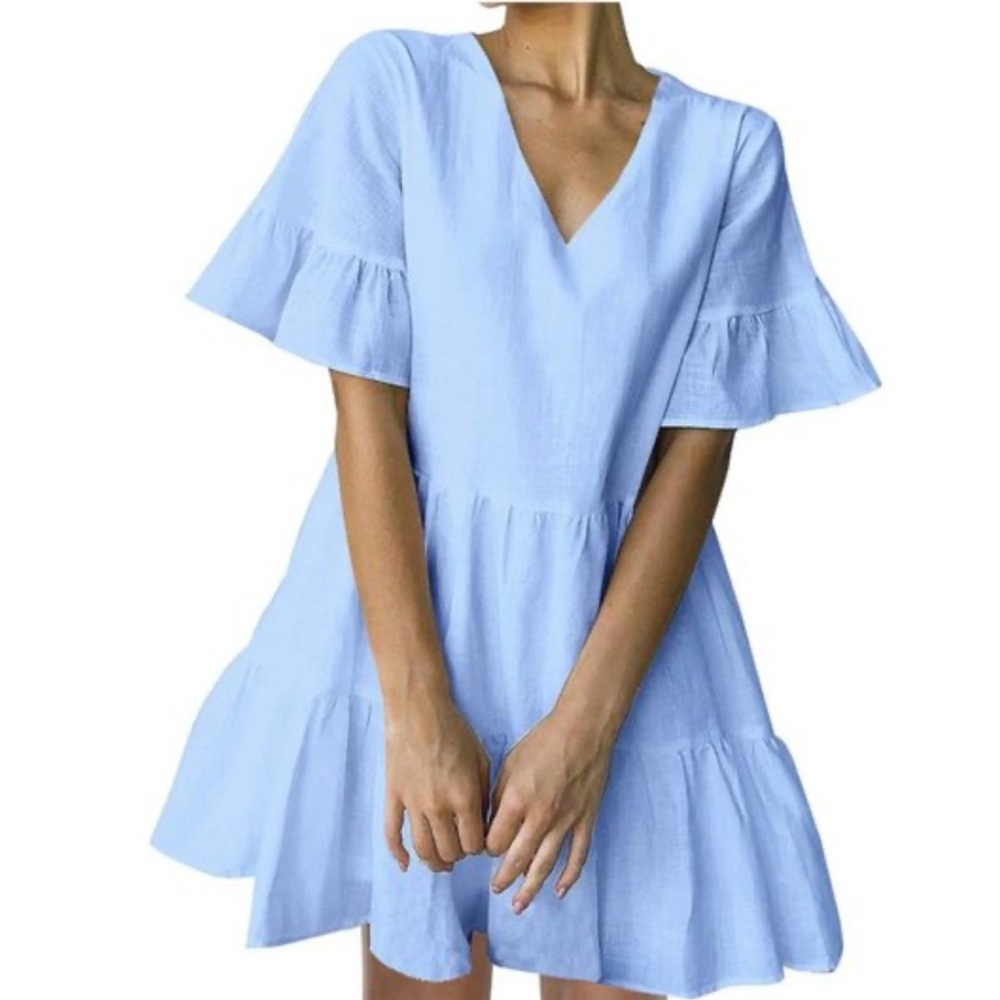 FANCYINN Short Sleeve Tiered Dress in Light Blue - Picture 3 of 11